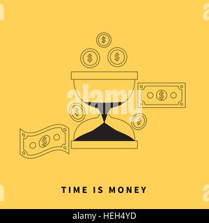 Le temps est argent concept. Pièces de Hourglass. Service d'affaires et de l'horloge, des économies, de regarder et de l'argent comptant, sandwatch et monétaire. Illustration de Vecteur