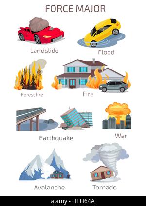 Force majeure En cas de catastrophe naturelle. La collecte et la destruction de la nature d'urgence. Glissement de terrain Inondation, incendie dans le Illustration de Vecteur