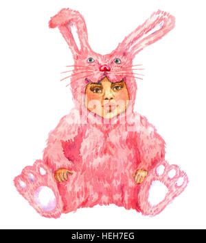 Cute baby sitting en lapin rose (lièvre) costume, peinte à l'Aquarelle Illustration, isolé Banque D'Images