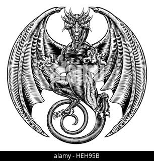 Un dragon ailé dans une gravure sur bois gravé style Banque D'Images