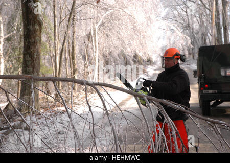 081214-A-L4290-093JPG.jpg : SPC. Daryl Johnson, un opérateur d'équipement de construction, ingénieur 379Co. (horizontal), le Massachusetts Army National Guard, coupe un arbre tombé avec une tronçonneuse à Phillipston, Mass., 14 décembre 2008. La ville de Phillipston perdu le pouvoir quand les arbres recouverts de glace ont commencé à tomber sur des lignes électriques, laissant les villes 900 maisons sans électricité. La 379e a été mobilisée pour couper des arbres et dégager des routes pour les entreprises de services publics civils peuvent tenter de rétablir l'alimentation de la ville. (U.S. Photo de l'armée par le Sgt. James Lally) Garde côtière canadienne répond à la tempête dans le nord-est de 136202 Banque D'Images