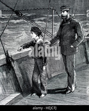 La main du capitaine sur l'épaulement de marin garçon aller à la mer pour la première fois, l'illustration de 1884 papier hebdomadaire pour les enfants de Chatterbox Banque D'Images