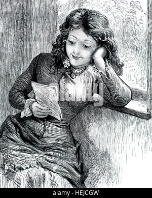 Jeune femme lisant une lettre avec le sourire sur le visage, illustration de 1884 papier hebdomadaire pour les enfants de Chatterbox Banque D'Images