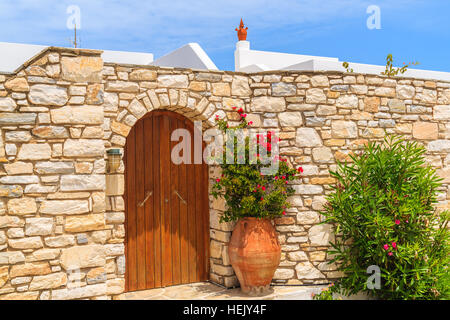 Porte en bois construite en mur de pierre et pot de fleurs, typique de l'architecture grecque sur l'île de Paros, Grèce Banque D'Images