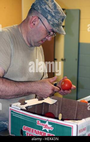 La CPS. Charles, artiste originaire de Plymouth, Ind., et un spécialiste de la restauration avec la 381e Compagnie de Police militaire des troupes de l'Indiana, 81e commandement de l'Armée de la Garde nationale, inspecte une tomate avant de servir les soldats le 14 juin. La 81e TC et ses unités sont en train de mener leur formation annuelle de 15 jours au Camp Atterbury Centre mixte, Ind., où les soldats sont perfectionné leurs compétences dans leurs spécialités professionnelles militaires. (U.S. Photo de l'armée par le Sgt. Joseph Rivera, 120e Détachement des affaires publiques) Les travailleurs des services alimentaires de l'armée de soldats servir 292349 Banque D'Images