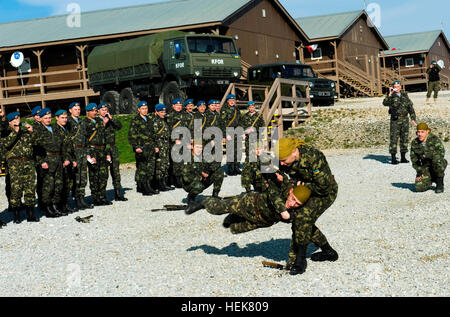 L'Adjudant Ukraine Evgen Dzybak, droite, note les Pvt. Vladimir Filonok au cours d'une démonstration d'arts martiaux, sur la Journée des Forces armées de l'Ukraine dans la région de Camp Bondsteel, Kosovo, 6 décembre 2010. Les deux soldats sont membres de la 79e brigade aéromobile, une unité parachutiste d'élite avec une formation spécialisée dans le combat corps à corps. (U.S. Photo de l'armée par le Sgt. Joshua Dodds/relâché), démonstration d'arts martiaux militaires ukrainiens Banque D'Images