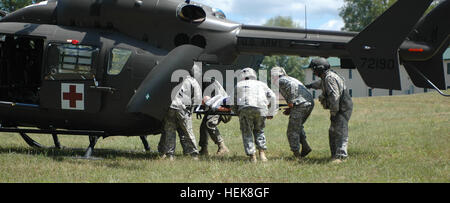 Les soldats de la 129e Compagnie médicale, Alabama Army National Guard, et 1-376ème bataillon de l'aviation, le Nebraska Army National Guard, procéder à une évacuation médicale d'un civil blessé au cours de la réponse dynamique de l'exercice 13. La réponse dynamique de l'exercice militaire 13 prépare une intervention spécialisée chargée d'aider les autorités locales à sauver des vies et soulager la souffrance à la suite d'un incident chimique, biologique, radiologique ou nucléaire. Les évacuations sanitaires 643961 Banque D'Images