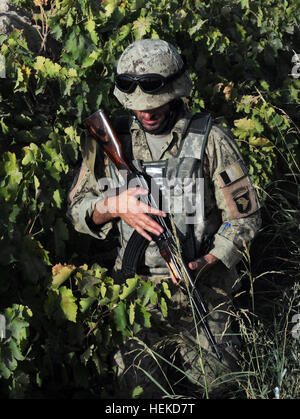 La PROVINCE DE KANDAHAR, Afghanistan (sept. 4, 2011) -- un membre de l'ordre civil afghan 2e équipe SWAT Police Efface une rangée de vignes au cours d'une patrouille le 4 septembre. Les patrouilles de présence des unités donnent une occasion d'interagir avec la population locale et de créer un rapport avec les gens, bien qu'il donne également à l'ANCOP la possibilité d'exercer certaines de leurs techniques opérationnelles de base. L'équipe SWAT, qui est associé à la Force opérationnelle Kandahar du détachement de Thunder Pathfinder, est considéré comme l'un des plus de l'élite des forces de sécurité afghanes. Ses membres reçoivent des armes spéciales et tac Banque D'Images
