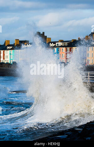 Aberystwyth, Pays de Galles, Royaume-Uni. 22 décembre 2016. Météo britannique. Que Storm Barbara, le deuxième ouragan de la saison, se renforce et les lecteurs à l'Écosse, du nord le bord du système clips Aberystwyth, sur la côte ouest du pays de Galles et, combiné avec la marée haute, les lecteurs d'énormes vagues de battre le front et mur du port sur à cette petite ville sur la côte de la Baie de Cardigan de la mer d'Irlande Royaume-Uni Photo © Keith Morris/Alamy Live News Banque D'Images