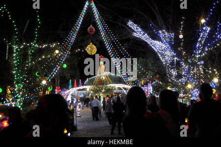 Winter Park, Floride, USA. 22 Décembre, 2016. Les gens apprécient un affichage de lumières de Noël à la maison de la famille de Johannessen Winter Park, Floride le 22 décembre 2016. L'attraction, qui est aussi le thème de la retraite d'été du père Noël et établit une facture d'électricité de 500 $ par mois, comprend 250 000 feux, un traîneau en bois faits à la main, une douzaine de bounce house, jeux gonflables, maison de la musique, et un bateau pour Saint Nick flottant près du lac de la famille dock. Eric Johannessen, un entrepreneur local, a installé l'écran depuis 2010, de grandes foules de dessin tous les soirs. Crédit : Paul Hennessy/Alamy Live News Banque D'Images