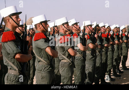 Une garde d'honneur de l'armée française 6e bataillon s'établit à l'attention qu'ils attendent l'arrivée de Le lieutenant général Khalid Bin Sultan Bin Abdul Aziz, commandant des forces interarmées en Arabie Saoudite, au cours de l'opération Bouclier du désert. Milouf Français DF-ST-92-07417 Banque D'Images