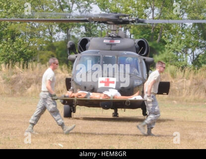 D'hélicoptères Black Hawk 7e Bataillon, 158e Régiment d'aviation effectuer des évacuations médicales et fournir des victimes simulées d'une détonation nucléaire aux aviateurs de la 779ème Groupe médical pour l'hôpital d'urgence dans l'exercice des services d'intervention dynamique au Camp Atterbury manoeuvre commune Centre de formation dans le sud de l'Indiana le 29 juillet. L'exercice, organisé par l'Armée américaine au nord, U.S. Northern Command, Commandement de la composante terrestre de la Force interarmées, rassemble environ 9 000 militaires et civils de partout au pays pour simuler la réponse d'une attaque terroriste aux États-Unis. 779ème moi Banque D'Images