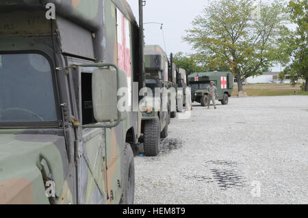 Une ligne de champ de la Garde nationale de l'Alabama attendent les ambulances de la litière comme gardes, à partir de la 129e Compagnie médicale de soutien de secteur, 161e Bataillon Médical, soutien Théâtre 167e commande, hors de Centreville, Alabama), le 9 août dernier. La garde a effectué l'évacuation et la formation au cours de l'ambulance 13, réponse dynamique un important exercice d'entraînement sur le terrain menée par le U.S. Northern Command et dirigée par l'Armée américaine du Nord. La formation est axée sur les unités militaires et les forces civiles que répondre après une branche naturelle ou chimique, biologique, radiologique ou nucléaire de Tchernobyl. 120809 ambulance civière champ-A-WW110-0 Banque D'Images