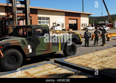 GUANTANAMO BAY, Cuba - (De gauche à droite) de la CPS. Anthony Canales, Sgt. Justin Betony et le sergent. James R. Campbell III, avec l'Armée américaine au sud de troupes spéciales bataillon, regardez leur mobilité polyvalents pour les véhicules à roues (HMMWV) sont déchargées de la barge à la station navale des États-Unis à Guantanamo Bay, le 29 janvier 2010. La barge, qui fait le double de la quantité normale d'alimentation, est un moyen que la Force opérationnelle de la base navale de Guantanamo et d'appuyer l'opération réponse unifiée. (Foi Guantanamo photo prise par le sergent de l'armée. Michael Baltz) NON - Autorisation de diffusion publique. Pour plus d'informations c Banque D'Images