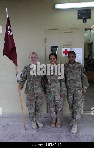 Le 13 mars 2013, des soldats de l'armée américaine affectés à la Charlie Medical Company, 27e bataillon de soutien de brigade, 4e équipe de combat de brigade, 1re division de cavalerie, ont posé pour une photo de groupe à la base opérationnelle avancée Gamberi, province de Laghman, Afghanistan, représentant la direction de l'unité médicale. Banque D'Images