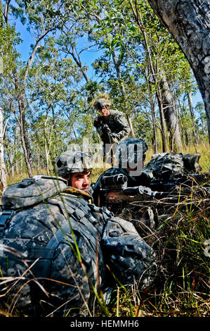 Avec le 1er Bataillon de parachutistes, 501e Régiment d'infanterie, d'infanterie 4e Brigade Combat Team (Airborne), 25e Division d'infanterie, se préparer à obtenir un aérodrome après parachute dans le secteur d'entraînement de Shoalwater Bay, Queensland, Australie, le 20 juillet, dans le cadre de la société Talisman Saber 2013. Talisman Saber allie 18 000 le personnel américain et 9 000 membres du personnel australien pour mettre en évidence les deux alliances et des capacités des pays. (U.S. Photo de l'armée par le Sgt. Eric-James Estrada /libéré) 4-25 Airborne Jump 130720-A-XX999-010 Banque D'Images