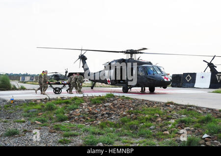 Des soldats américains avec la brigade bataillon 801st Soutien transport une victime simulée à une attente d'UH-60 Black Hawk, affecté à la Compagnie Charlie, 3e Bataillon, 238e Régiment d'aviation, un combiné dans le New Hampshire et le Michigan unité d'évacuation sanitaire aérienne de la Garde nationale, au cours d'un exercice d'un grand nombre de blessés à la base d'opérations avancée Salerno, province de Khost, en Afghanistan, le 6 août 2013. (U.S. Photo de l'armée par le sergent. Todd A. Christopherson/Currahees) Parution de la conduite de l'exercice 130806-A-FV365-002 Banque D'Images