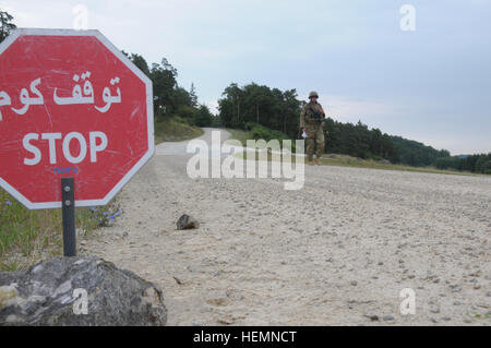 Un soldat de l'armée géorgienne de la Compagnie Alpha, Batumi Georgian Light Infantry Battalion promenades à travers le point de contrôle de la circulation au cours d'un exercice de répétition de mission (MRE) au Centre de préparation interarmées multinationale (JMRC) dans Hohenfels, Allemagne, le 8 août 2013. L'Batoumi et 31e bataillons d'infanterie légère géorgienne conduite un MRE afin de former et d'être évalués sur les bataillons leur aptitude à mener des opérations de contre-insurrection et de combat et s'intégrer dans une équipe de combat du régiment du Corps des Marines déployées à l'appui de la Force internationale d'assistance à la sécurité en Afghanistan. (U.S. Phot de l'armée Banque D'Images