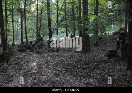 Les soldats de l'armée géorgienne de société Delta, Batumi Georgian Bataillon d'infanterie légère mis en place un périmètre de sécurité au cours d'un exercice de répétition de mission (MRE) au Centre de préparation interarmées multinationale (JMRC) dans Hohenfels, Allemagne, 14 août 2013. L'Batoumi et 31e bataillons d'infanterie légère géorgienne conduite un MRE afin de former et d'être évalués sur les bataillons leur aptitude à mener des opérations de contre-insurrection et de combat et s'intégrer dans une équipe de combat du régiment du Corps des Marines déployées à l'appui de la Force internationale d'assistance à la sécurité en Afghanistan. (U.S. Photo de l'armée par le Sgt. Gemm Banque D'Images