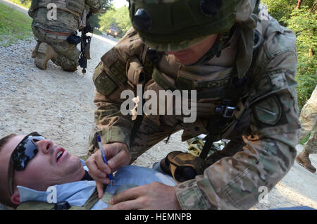 Un soldat de l'armée géorgienne de Delta Entreprise, 31e Bataillon d'infanterie légère donne à l'aide d'un local national, reproduite par un rôle civil dvd, tandis qu'un autre soldat tire la sécurité pendant un exercice de répétition de mission (MRE) au Centre de préparation interarmées multinationale (JMRC) dans Hohenfels, Allemagne, 14 août 2013. L'Batoumi et 31e bataillons d'infanterie légère géorgienne conduite un MRE afin de former et d'être évalués sur les bataillons leur aptitude à mener des opérations de contre-insurrection et de combat et s'intégrer dans une équipe de combat du régiment du Corps des marines déployés à l'appui de la sécurité internationale Banque D'Images