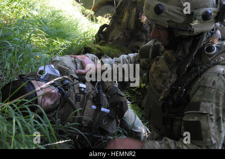 Un soldat de l'armée géorgienne de société Delta, Batumi Georgian Light Infantry Battalion évalue un soldat blessé de façon théorique au cours d'un exercice de répétition de mission (MRE) au Centre de préparation interarmées multinationale (JMRC) dans Hohenfels, Allemagne, 14 août 2013. L'Batoumi et 31e bataillons d'infanterie légère géorgienne conduite un MRE afin de former et d'être évalués sur les bataillons leur aptitude à mener des opérations de contre-insurrection et de combat et s'intégrer dans une équipe de combat du régiment du Corps des Marines déployées à l'appui de la Force internationale d'assistance à la sécurité en Afghanistan. (U.S. Photo de l'armée Banque D'Images