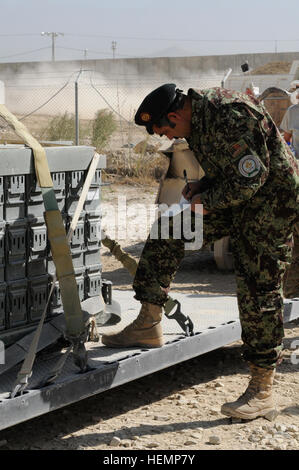 130826-A-ZT122-085-Afghan Le Major Raheem Shama, commandant de l'Armée nationale afghane (Dépôt de munitions 22 bunkers), les stocks de munitions de petit calibre à Bagram Airfield, la province de Parwan, à l'Afghanistan le 26 août 2013. Le transfert de munitions de partenaires de la Coalition pour l'ANA est en réponse à une pénurie d'armes légères dans les régions du sud de l'Afghanistan. www.facebook.com/lifeliner (U.S. Photo de l'armée par le Sgt. Sinthia Rosario, Groupe de travail Lifeliner Affaires publiques) ANA utilisation batterfield logisitcs moderne de fournir leur vigueur 130826-A-ZT122-085 Banque D'Images