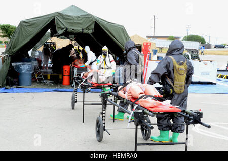 Une équipe médicale de la 566e Compagnie médicale de soutien de secteur, 61e Bataillon Médical multifonctionnel, 1re brigade médicale, effectuer la décontamination de patients avec l'aide de la 181ème Compagnie de produits chimiques, 2e bataillon chimique, 48e Brigade chimique le 19 septembre à Fort Hood au cours d'un exercice de décontamination de la validation. (Photo par le Sgt. Tracy R. Myers/ 14e tampon) Soldats certifier les compétences nécessaires pour assumer la mission DCRF 130919-A-N086-482 Banque D'Images