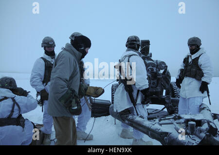 L'Armée américaine à la retraite, le colonel Jack Ancker une guerre mondiale II et vétéran de la guerre du Vietnam, est titulaire d'un peloton longe pour un 105mm Howitzer comme soldats du 2e Bataillon de parachutistes, 377e Régiment d'artillerie de campagne, l'équipe de combat de la 4e Brigade d'infanterie, 25e Division d'infanterie, se préparer au feu l'obusier at Joint Base Elmendorf-Richardson, Alaska, 18 décembre 2013. (U.S. Photo de l'armée par le sergent. Jeffrey Smith/libérés) a pris sa retraite de l'armée américaine le colonel Jack Ancker, une guerre mondiale et vétéran de la guerre du Vietnam, est titulaire d'un peloton longe pour un 105mm Howitzer comme soldats du 2e Bataillon de parachutistes, 377e Régiment d'artillerie, 4t Banque D'Images