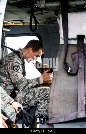 Tech. Le Sgt. Andrew Montgomery, un groupe de militaires de l'Armée de l'air de chien, console son chien à l'intérieur Diesel une armée UH-60 Blackhawk hélicoptère exploité par une compagnie, 3e Bataillon, 142e Assault Helicopter Company, 42e Brigade d'aviation de combat, au cours d'un exercice de familiarisation pour les chiens, le 10 janvier 2014, quelque part dans le sud-ouest de l'Asie. Les chiens de travail peuvent être transportés par hélicoptère rapidement et efficacement à l'endroit où ils sont nécessaires une fois qu'ils se sentent à l'aise avec l'avion. La 42e CAB, New York, la Garde nationale est actuellement déployé à l'étranger dans le cadre de l'opération Enduring Freed Banque D'Images