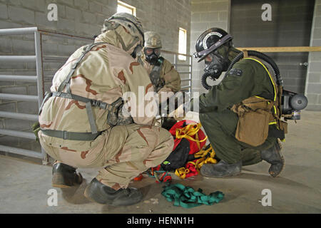 Les soldats des pays fournisseurs B, 3e Escadron, 1e régiment de cavalerie blindée, 3e Brigade Combat Team, 3e Division d'infanterie, préparer un point d'ancrage avec l'aide d'un Marine américain de l'équipe de sauvetage technique, l'équipe de réponse aux incidents chimiques, biologiques, II Marine Expeditionary Force, au cours de montage et à l'extraction de procédures, le 23 juillet. Les soldats du 3ème Armored Brigade Combat Team déployés dans les centres de gardien de la Géorgie, dans la région de Perry, lors de Scarlet Réponse. Réponse écarlate était un exercice de préparation au déploiement d'urgence menées à l'occasion d'une réponse dynamique, tenue de l'exercice combiné Banque D'Images