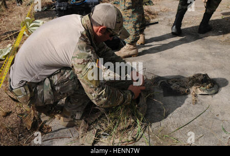 Membre de l'équipe de tireurs d'américaine utilise à proximité de l'herbe pour ajouter de camouflage pour son fusil sniper au cours de l'événement de la manette de Fuerzas Comando 2014 au Fort Tolemaida, Colombie, le 26 juillet. Des équipes de 17 nations à travers l'hémisphère occidental sont en concurrence de juillet 23-31, pas seulement à déterminer un gagnant, mais aussi d'améliorer leur formation et de renforcer la coopération régionale et multinationale, la confiance mutuelle, l'état de préparation, et l'interopérabilité des forces spéciales dans la région. L'équipe américaine sont affectés à la 7ème groupe des forces spéciales (Airborne). La concurrence sur les tireurs d'distance inconnue-essuyage des événements à Fu Banque D'Images