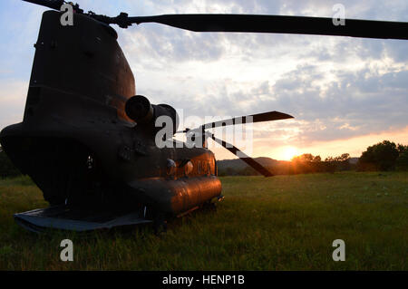 Un CH-47D Chinook de la société B, 2e Bataillon, 238e Régiment d'Aviation à Peoria, Illinois, est assis prêt à transporter des soldats des Forces spéciales avec l'Illinois National Guard's Company A, 2e Bataillon, 20e Groupe des forces spéciales (Airborne) à Chicago, pour nuit ligne statique et sauts en chute libre militaire de Fort McCoy, Wisconsin (Etats-Unis), le 8 août. (U.S. La Garde nationale de l'armée photo par le Sgt. 1re classe Casimir L. Snyder/libérés) Illinois des soldats des Forces spéciales à l'entraînement en conduite 140808-A-SA683-085 Banque D'Images