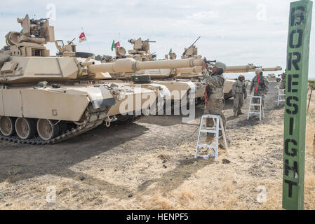 Pvt. La Jordanie McKinnon, un chargeur de munitions d'un Abrams M1A2 Forfait amélioré du système (SEP) Réservoir, travaille avec le réservoir, mitrailleur, le Sgt. Adam, Kerote pour aligner le système d'armes nucléaires, sites de référence avant de procéder à l'exercice de tir réel de l'Orchard Centre de formation près de Boise, Idaho le 20 août. Les deux soldats sont membres de Compagnie D, 3e bataillon du 116e Heavy Brigade Combat Team, qui a testé les capacités de tir et de manœuvre sur le tir final lane durant la formation annuelle du bataillon, dans l'Idaho. (Photo de U.S. Army Major Wayne (Chris) Clyne, Mobile 115e Détachement des affaires publiques, de l'Oregon Ar Banque D'Images