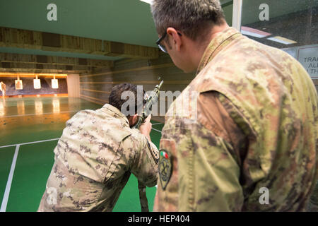 Un parachutiste, attribué à l'italien de l'OTAN, le commandement des opérations spéciales de l'Administration centrale d'opérations spéciales, ajuste la vue de ses armes holographique M4 carbine avant prise de vue dans le centre d'appui à la formation de 25 mètres Benelux gamme pour maintenir la préparation au combat pour le Commandement de la composante des opérations spéciales déployables, base de Chièvres, Belgique, le 29 janvier 2015. (U.S. Photo de l'armée par Visual Spécialiste de l'information, Pierre-Etienne Courtejoie/libérés) parachutistes italiens avec QGFN shoot dans la gamme TSC Benelux Chievres 150129-A-BD610-003 Banque D'Images