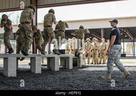 Affectés à des parachutistes 2e Brigade Combat Team, 82e Division aéroportée, et la British 16e Brigade d'assaut aérien conduite à l'entraînement avancé à l'école aéroportée sur Fort Bragg, Caroline du Nord, le 16 mars 2015. La 2ème BCT permettra un accès opérationnel interarmées de l'exercice avec le groupe de combat britannique en avril. L'exercice représente un jalon important dans le programme d'interopérabilité de la Division pour créer la capacité d'intégrer une brigade britannique dans la Division, permettant aux deux unités de fonctionner rapidement et efficacement en cas qu'ils étaient à se déployer comme Banque D'Images