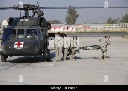 Des soldats dans la société C DUSTOFF, Task Force Phoenix, 10e Brigade d'aviation de combat, TF Falcon, supprimer un patient d'un UH-60 Blackhawk hélicoptère d'évacuation sanitaire à l'Aérodrome de Jalalabad 3 février. (Photo par le capitaine de l'armée américaine Andrew Wilson) l'Aviation crew  % % % % % % % %E2 % % % % % % % %80 % % % % % % % %99s service désintéressé sauve des vies 365368 Banque D'Images