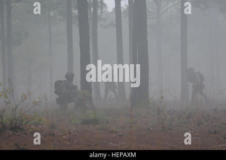 Les Britanniques de parachutistes 16 Brigade d'assaut aérien manoeuvrer à travers les bois pendant l'accès opérationnel interarmées 15-01 Exercice sur Fort Bragg, N.C., le 18 avril 2015. Dans la plus grande opération de formation bilatérale survenant à Fort Bragg au cours des 20 dernières années, plus de 3 000 soldats provenant des États-Unis et du Royaume-Uni ont participé à l'exercice à l'appui de l'CJOAX. (82Nd Airborne Division (photo par le Sgt. Eliverto C. Larios/libéré) la 16 brigade d'assaut aérien essentiel durant la mission conjointe de la moissonneuse-batteuse l'accès opérationnel Exercice 15-01 150418-A-ZK259-609 Banque D'Images