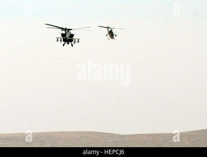 Un AH-1 Cobra à partir de la 12e Escadron, Jordanian Air Force et un AH-64 Apache de la Compagnie B, 4-501attaque st Bataillon de Reconnaissance, volent en formation au cours d'un exercice de tir réel au Prince Hashim Royal au cours de la Brigade désireux Lion, le 7 mai 2015. L'exercice a permis aux pilotes de la Jordanian Air Force et l'armée américaine 185e Brigade d'aviation de théâtre, actuellement affectés à l'armée américaine, centrale d'échanger différentes tactiques, techniques et procédures pour fournir l'aviation d'attaque au sol à l'appui des commandants. (Photo de Garde Nationale d'armée par le capitaine Allen Baxter) Vol en formation 150507-A-XA218-101 Banque D'Images