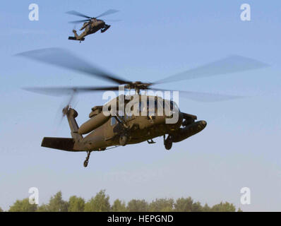 United States Army hélicoptères Black Hawk UH-60M venez pour un atterrissage au Grand Duc lituanien Gediminas Bataillon personnel à Vilnius, Lituanie, le 5 juillet 2015. Les Black Hawks, piloté par la Compagnie B, 43e Bataillon d'hélicoptères d'assaut, 3e régiment de cavalerie, 3e Division d'infanterie, et une société, 214e Bataillon, 12e Brigade d'aviation de combat, a effectué une mission de reconnaissance aérienne de l'armée américaine pour l'Europe (USAREUR) Le lieutenant général commandant Ben Hodges qui comprenait des terres lituaniennes, le général commandant des Forces canadiennes et Leika 21.12.2009 La 4e Division d'infanterie de l'élément de commandement de mission (MCE). Les soldats de la 4ème Banque D'Images