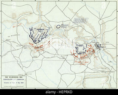 La bataille de Chancellorsville a lieu le 4 mai 1863, pendant la guerre de Sécession, impliquant les forces de l'Union et confédérées, notées pour ses manœuvres tactiques et ses décisions de leadership. Banque D'Images