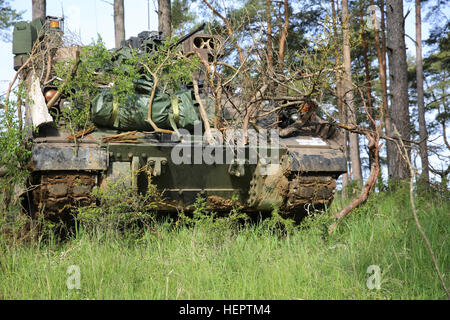 Les soldats de la Compagnie Alpha, 5e Bataillon, 7e régiment de cavalerie assurer un périmètre de sécurité en M2 véhicule de combat Bradley tout en menant des opérations défensives au cours de l'exercice Combined Résoudre VI à l'armée américaine dans le centre de préparation interarmées multinationale Hohenfels, Allemagne, le 21 mai 2016. De l'exercice Combined Résoudre VI est conçu pour exercer l'Armée américaine à l'échelle régionale attribuée à la force pour les États-Unis de la zone de responsabilité de commandement européen avec des multinationales de formation à tous les échelons. Environ 570 participants venus de 5 pays partenaires de l'OTAN et de l'Europe participeront. L'exercice implique un Banque D'Images