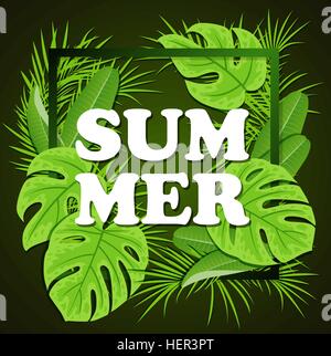 Tropical Vert feuilles sur un fond noir. Vector floral frame d'été avec des plantes tropicales. Illustration de Vecteur
