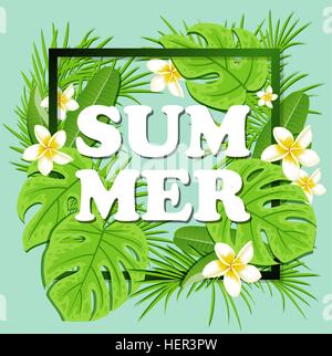 Vector floral frame d'été avec des plantes tropicales et de fleurs. Contexte tropical vert. Illustration de Vecteur