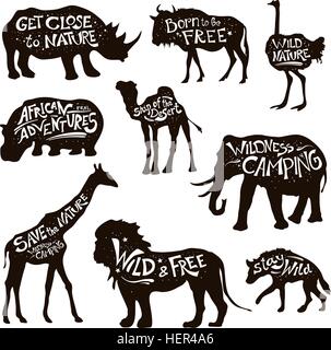 Les animaux sauvages noir Lettrage Icons Set. Animaux d'Afrique sauvage icons set avec sauver la nature message lettrage blanc sur noir Illustration de Vecteur