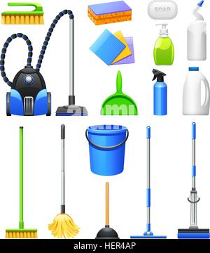 Le matériel de nettoyage à plat Icons Set. Nettoyage du matériel et accessoires des icônes réalistes collection avec aspirateur Illustration de Vecteur