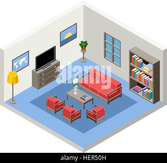 Vector intérieur de la pièce avec des meubles isométrique Illustration de Vecteur