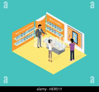 Store design comprimés isométrique à plat. La technologie Tablet store isométrique, écran de tablette, tablette d'achat, l'homme shopping comprimé, Illustration de Vecteur