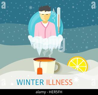 La maladie d'hiver les gens saison design. Et de froid, de maladie et de santé virus grippe, infection, fièvre, maladie de la maladie et de la température, Illustration de Vecteur