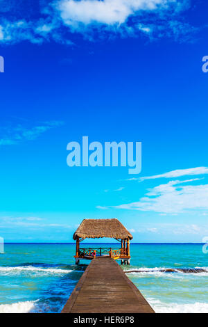 Passerelle en bois d'une structure de chaume dans la mer des Caraïbes, près de Playa Del Carmen, Playa Maya, Mexique Banque D'Images