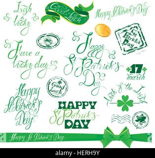 Ensemble de main texte écrit : Happy St Patrick Day, bonne chance, etc. éléments de calligraphie pour maison de design de style vintage, Illustration de Vecteur